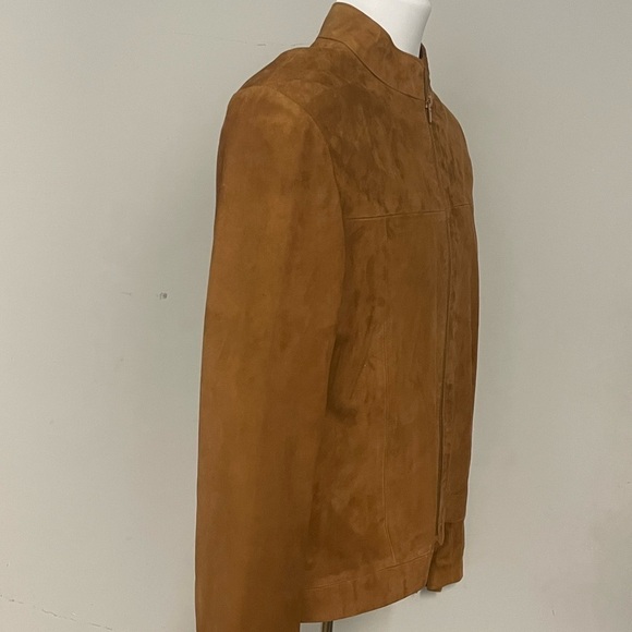 Women suede jacket cognac zipper front satan lining zipper sleeves modern fit - Picture 4 of 5